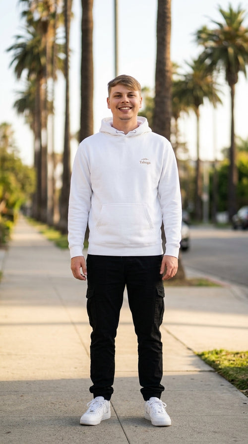 Taboga Midnight Hoodie front view, model streetwear style