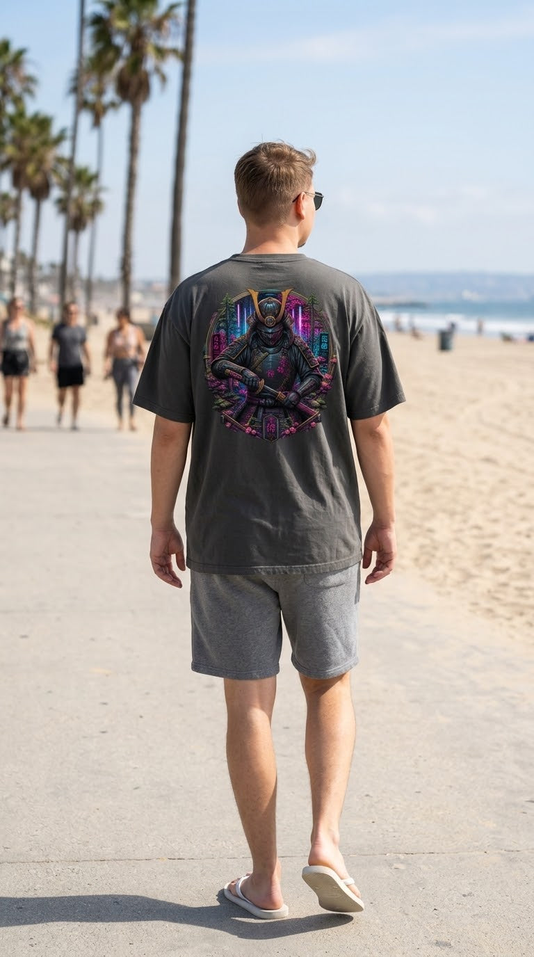 Samurai Faded Oversized Tee Taboga Lifestyle, back print detail close-up